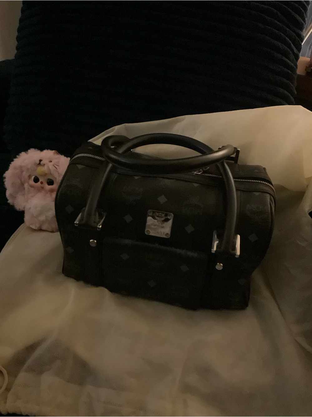 MCM Black Monogram Barrel Satchel with Silver Hardware